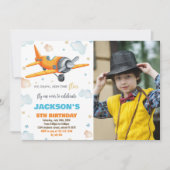 飛行機誕生日招待状オレンジと写真 招待状 (正面)