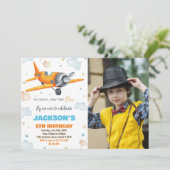 飛行機誕生日招待状オレンジと写真 招待状 (スタンド正面)