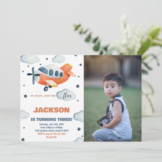 飛行機誕生日招待状オレンジと写真 招待状 (スタンド正面)