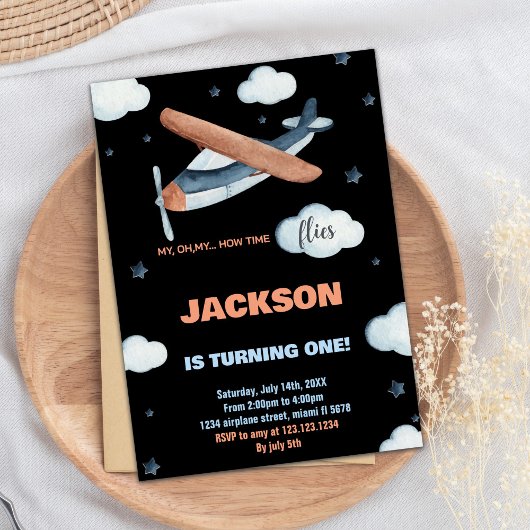 飛行機誕生日招待状グレーオレンジブラック 招待状