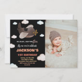 飛行機誕生日招待状ブラックブラウンw写真 招待状 (正面)