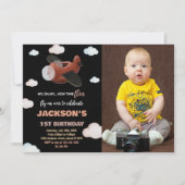 飛行機誕生日招待状ブラックブラウンw写真 招待状 (正面)