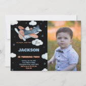 飛行機誕生日招待状ブラックBK写真付き 招待状 (正面)