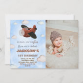 飛行機誕生日招待状ブルーブラウンW写真 招待状 (正面)