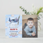飛行機誕生日招待状ブルーレッド写真付き 招待状 (スタンド正面)