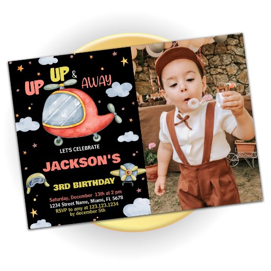 飛行機誕生日招待状赤黒（写真付） 招待状