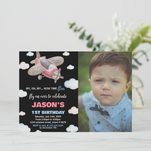 飛行機誕生日招待状赤（写真付） 招待状 (スタンド正面)