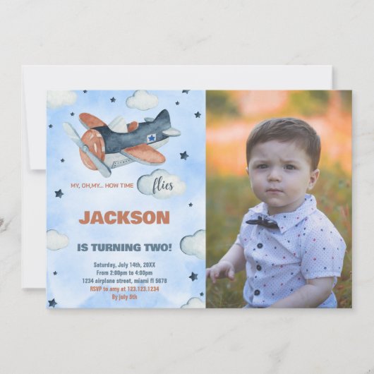 飛行機誕生日招待状青（写真付） 招待状 (正面)