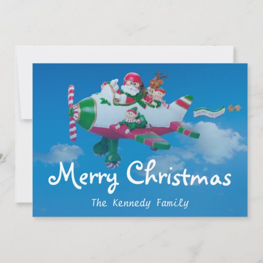 飛行機飛んでいるに小妖精や小人を持つサンタクロース シーズンカード (正面)