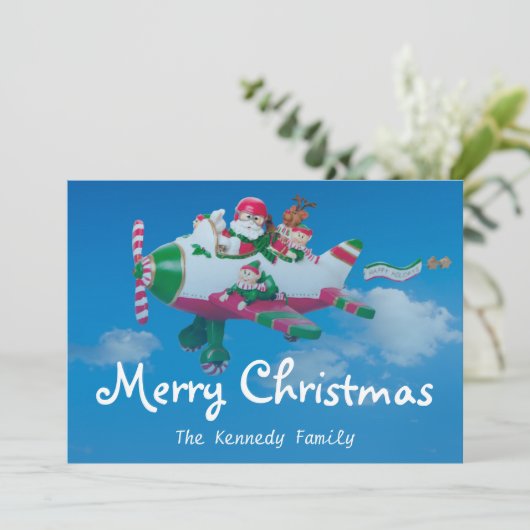 飛行機飛んでいるに小妖精や小人を持つサンタクロース シーズンカード (スタンド正面)