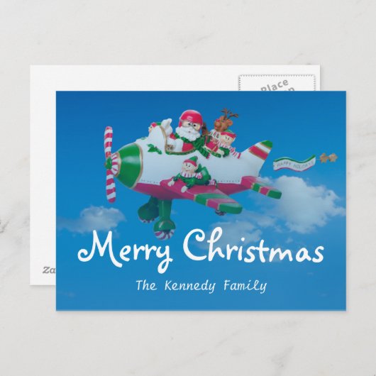飛行機飛んでいるに小妖精や小人を持つサンタクロース シーズンポストカード (正面/裏面)