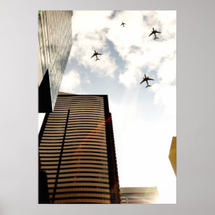 飛行機飛んでいるの建物 ポスター