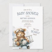 飛行機飛んでいるクマ青ベビーシャワー 招待状 (正面)