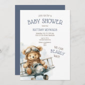 飛行機飛んでいるクマ青ベビーシャワー 招待状 (正面/裏面)