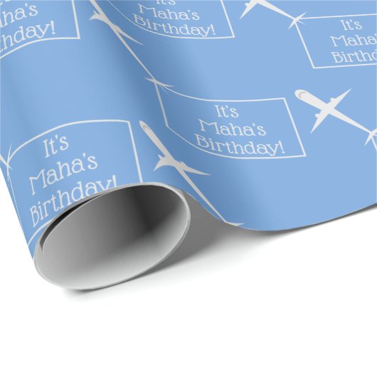 飛行機飛んでいるパーソナライズされた誕生日国旗（青） ラッピングペーパー (ロールコーナー)