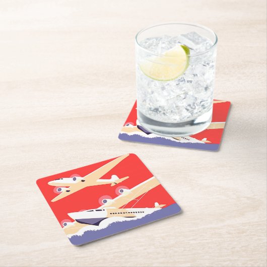 飛行機飛んでいるヴィンテージWPA カラフル スクエアペーパーコースター (インサイチュ)