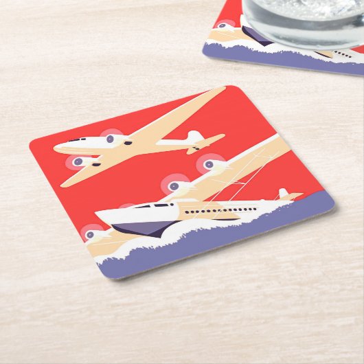 飛行機飛んでいるヴィンテージWPA カラフル スクエアペーパーコースター (アングル)