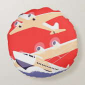 飛行機飛んでいるヴィンテージWPA カラフル ラウンドクッション (裏面)