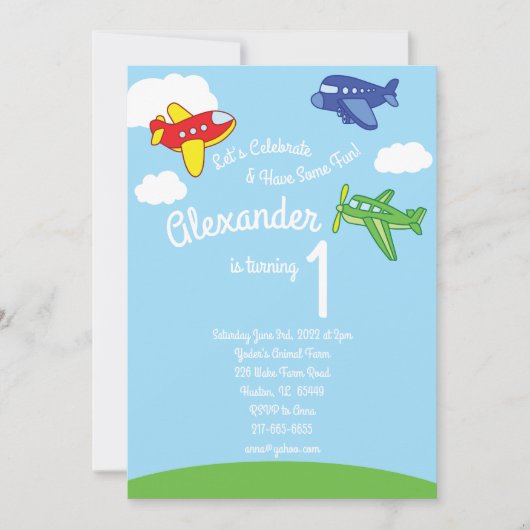 飛行機1位の誕生日かわいい男の子の招待状 招待状 (正面)