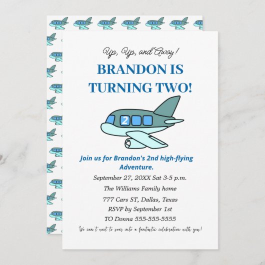 飛行機2ndバースデーボーイブルーキッズ飛行機 招待状 (正面/裏面)
