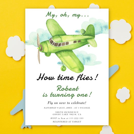 飛行機 オーマイ タイムフライツ トラベル ファースト バースデー 招待状