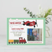 飛行機&トレインズ誕生日パーティー招待状（ミント） 招待状 (スタンド正面)