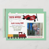 飛行機&トレインズ誕生日パーティー招待状（ミント） 招待状 (正面/裏面)