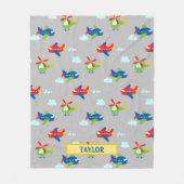 飛行機、ヘリコプターと雲マンガLtグレー、名前 フリースブランケット (正面)