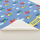 飛行機、ヘリコプター、雲のアートワークの青、名前 シェルパブランケット (3/4)