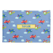 飛行機、ヘリコプター、雲のアートワークの青、名前 枕カバー (裏面)