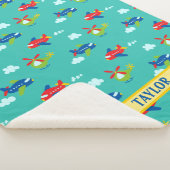 飛行機、ヘリコプター、雲のアートワークティール（緑がかった色）、名前 シェルパブランケット (3/4)