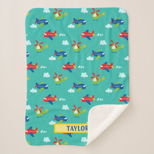 飛行機、ヘリコプター、雲のアートワークティール（緑がかった色）、名前 シェルパブランケット (正面)