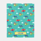 飛行機、ヘリコプター、雲のアートワークティール(緑がかった色)、名前 フリースブランケット (正面)