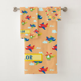 飛行機、ヘリコプター、雲桃の名前のアートワーク バスタオルセット
