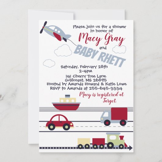 飛行機、列車、車の赤ちゃんシャワー招待状 招待状 (正面)