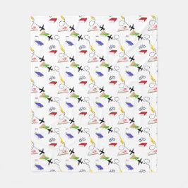 飛行機、自転車、本、赤、黄、青の旅行 フリースブランケット