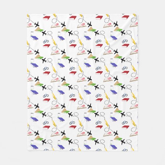 飛行機、自転車、本、赤、黄、青の旅行 フリースブランケット (正面)