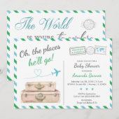 飛行機 航空会社 緑 青 旅行 男の子 赤ちゃん シャワー 招待状 (正面/裏面)