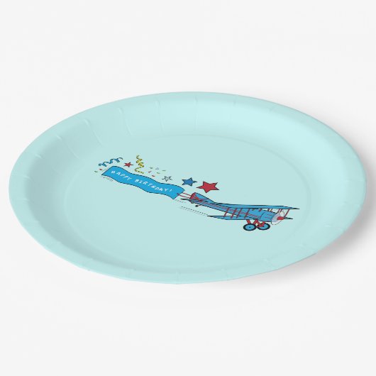 飛行機: 複葉機のハッピーバースデーの旗 ペーパープレート (アングル)