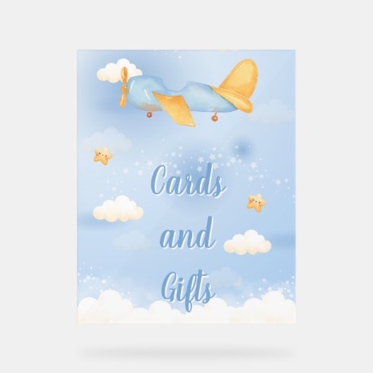 飛行機、雲と星、青、男の赤ちゃん、かわいい アクリルサイン (正面)