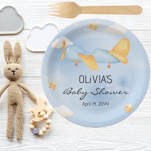 飛行機、雲と星、青、男の赤ちゃん、かわいい ペーパープレート