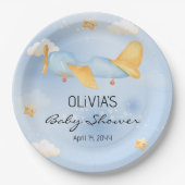 飛行機、雲と星、青、男の赤ちゃん、かわいい ペーパープレート (正面)