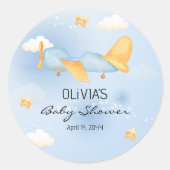 飛行機、雲と星、青、男の赤ちゃん、かわいい ラウンドシール (正面)