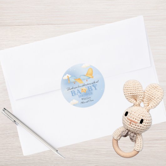 飛行機、雲と星、青、男の赤ちゃん、かわいい ラウンドシール