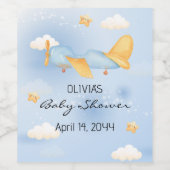 飛行機、雲と星、青、男の赤ちゃん、かわいい ワインラベル (シングルラベル)