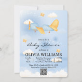 飛行機、雲と星、青、男の赤ちゃん、かわいい 招待状 (正面)