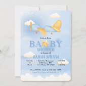 飛行機、雲と星、青、男の赤ちゃん、かわいい 招待状 (正面)