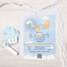 飛行機、雲と星、青、男の赤ちゃん、かわいい 招待状