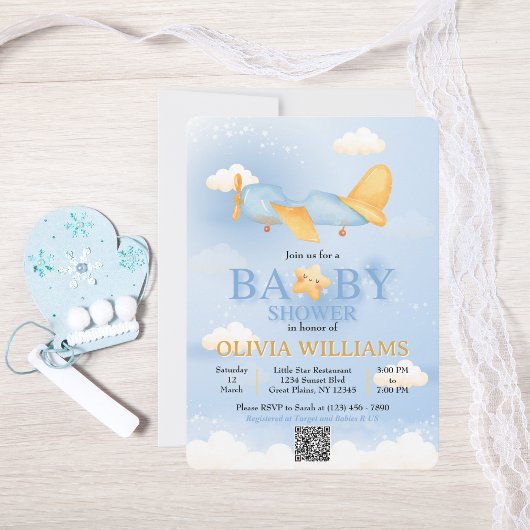 飛行機、雲と星、青、男の赤ちゃん、かわいい 招待状