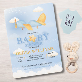 飛行機、雲と星、青、男の赤ちゃん、かわいい 招待状